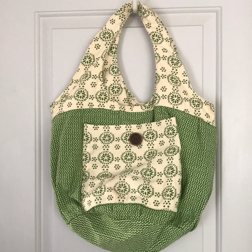 Canvas polka dot green and cream tote purse